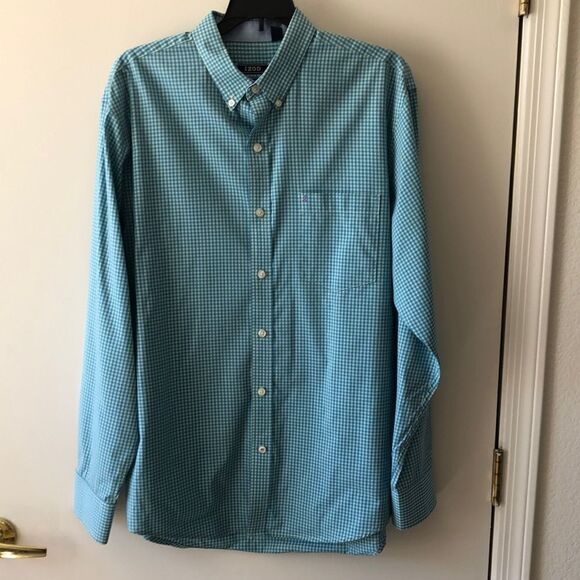 IZOD Non-iron Stretch Long Sleeve Button Down Shirt Size M GUC blue/green check - Picture 1 of 6